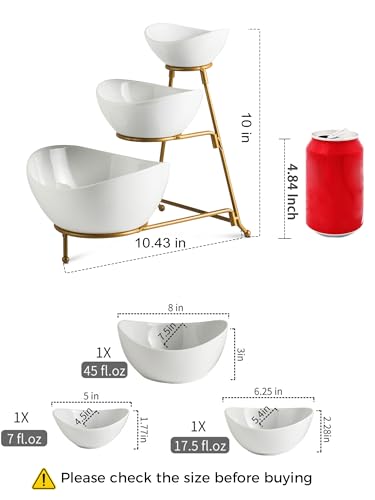 YHOSSEUN 3 Tier Serving Stand Oval Serving Bowl with Metal Rack, Tied Serving Bowls Food Display Dessert Appetizer, Chip and Dip Serving Bowl Set for Parties, Gold-45oz / 17.5oz / 7oz