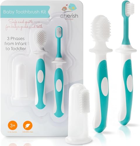 Cherish Baby Care Baby Toothbrush & Toddler Toothbrush Set (0-2 Years) - BPA-Free & Safety-Tested, 2023 Award Winner, Food-Grade Silicone (Teal)