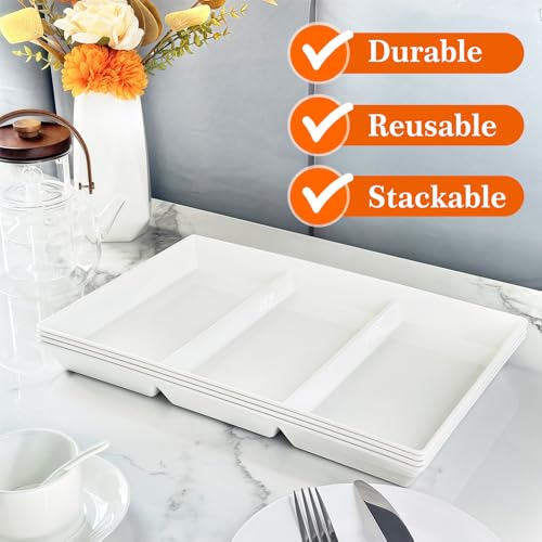 Divided Serving Tray Platter, 4 Pack 15" x 10" Fruit Veggie Food Tray for Party, Plastic Serving Trays for Appetizer, Snack, Dessert, Cookie, Brunch Decorations Platters, White Trays BPA-Free