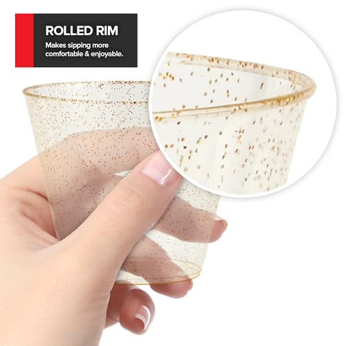 Stock Your Home 9oz Gold Glitter Plastic (50 Pack), Elegant Party Glasses for Birthdays, Weddings and Holidays, Fancy Disposable Cocktail, Clear and Gold, Bulk Wine and Mimosa