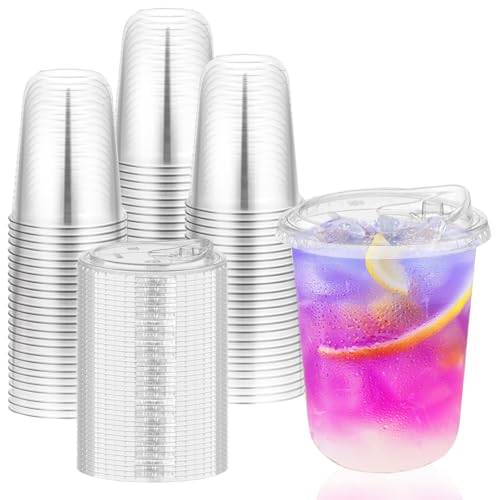 Clear Plastic Cups with Lids, 16 oz, 50 Pack Disposable Beverage Containers for Iced Coffee, Smoothie, Milkshake, Cold Drinks, Party Catering