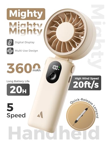 Aecooly Mighty Portable Handheld Fan | 20H Max Cooling Time | 3 Flexible Modes | 5 Speeds Wind | Battery Level Display | USB Rechargeable Mini Personal Battery Powered, Gifts for Women, Travel -Beige
