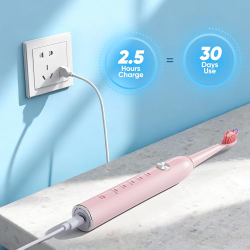 Sonic Electric Toothbrush for Adults & Kids - 5 High-Performance Modes, 8 Replacement Heads, 2.5-Hour Fast Charge, Built-in Smart 2-Minute Timer, IPX7 Waterproof, 35 Day Battery Life - Pink