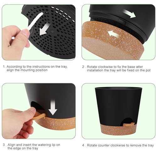Indoor Self Watering Planters with Drainage Holes and Saucers, 8, 7, 6.5, 6, 5.5, 5 Inches, Black, 6 Pots
