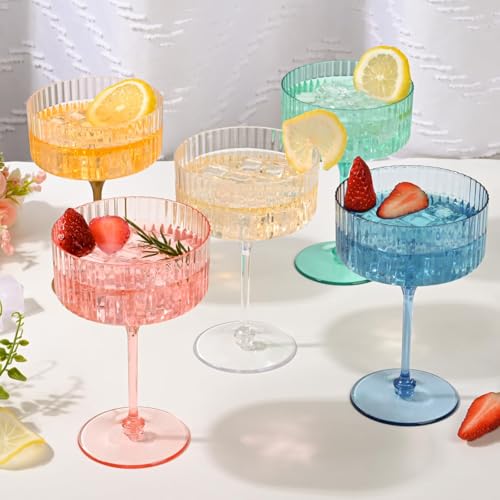 Set of 12 Plastic Martini Glasses, 10 oz Ribbed Coupe Glasses for Cocktails and Martinis, Disposable Espresso Martini Glasses. Ideal for Parties, Weddings, and Home Bars, Crystal Vintage Cups (Clear)