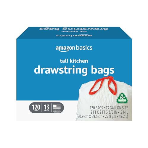 Basics 13 Gallon Tall Kitchen Drawstring Trash Bags, Unscented, 10% Post Consumer Recycled, 120 Count, White