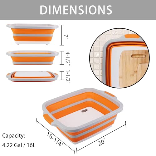 Tiawudi Large Collapsible BBQ Prep Tub with Lid(4.22 Gal/16L), Foldable Camping Sink with Colander, Cutting Board, Dish Basin for Kitchen, Bowl, Vegetable and Fruit, Storage Basket for Picnic