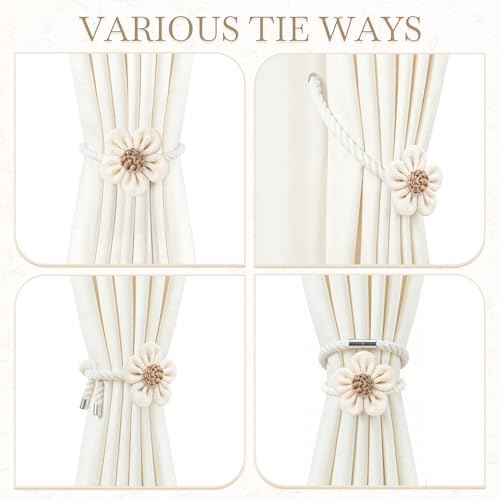 VIS'V Magnetic Curtain Tiebacks, Boho Flower Curtain Holdbacks, Cream, 2 Pcs
