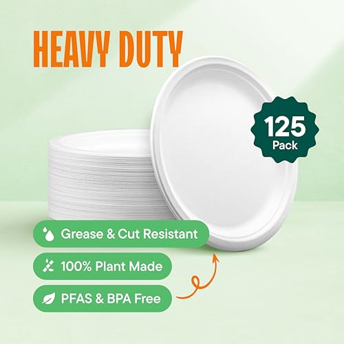 100% Compostable Disposable Paper Plates [125-Pack] - (PFAS-Free) - [10 Inch] Heavy Duty, Eco-Friendly, Biodegradable Bagasse Dinner Plates - Natural Brown 10" Plate by Stack Man (BPI Certified)