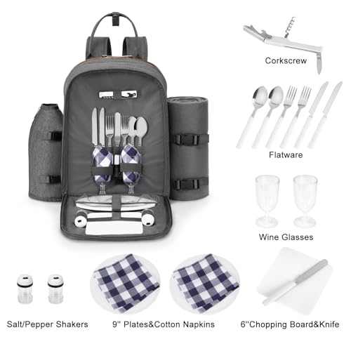 ALLCAMP Picnic Backpack - Insulated Cooler Bag with Compartment, Detachable Wine Glass Holder, Throw Blanket & Cutlery Set, 2 Person Picnic Set for Family Outings, Couple Gifts (Gray)
