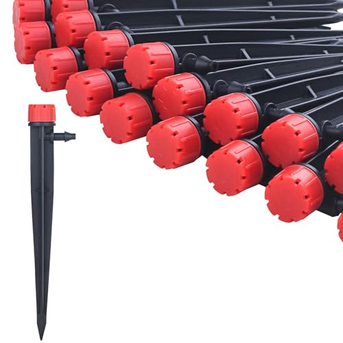 50pcs Drip Emitters for 1/4" Drip Irrigation Tubing, Adjustable 360 Degree Water Flow Drippers on 5" Arrow Stake, Garden Irrigation Drippers for (4-7mm) Watering System