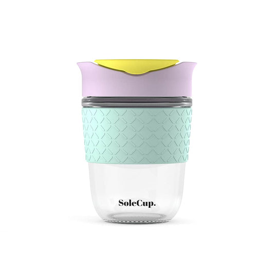 Reusable Strengthened Glass Travel Cup - Spill Proof Coffee Mug - 12oz/340ml BPA-Free Hot Drink Travel Mug with Lid & Silicone Band (Ice Cream, 12oz)