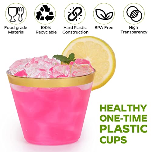 Tobvory 100 Pack Gold Rimmed Plastic Cups - 9 oz Hard Clear Plastic Cups, Premium Disposable Cup For Cocktail And Drinking - Food Grade Party Cups Set - Sturdy Tumbler Cup - Gold Rim