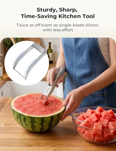 CripsTaste Watermelon Cutter with Retractable Fork, 2-in-1 Stainless Steel Fruit Cutter Watermelon Cutter Slicer Tool, Melon Slicer Cutter Tool for Home Party Camping Kitchen Gadget