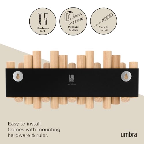 Umbra Picket Coat Rack Wall Mount – 5 Flip-Down Wood Coat Hooks, Modern & Functional Storage, Easy Install Wall Hooks, Natural