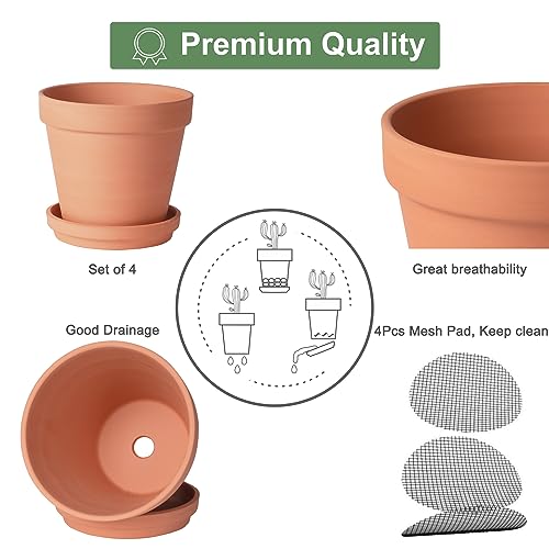 Orceler 6 inch Terracotta & Clay Pots for Plants with Saucer, Medium Terra Cotta Plant Pots with Drainage Hole, Flowerpot with Tray, Terracotta Pot for Indoor Outdoor Plant - Pack of 4 Planters