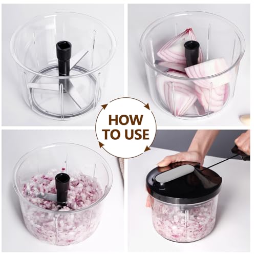 LHS Manual Food Processor Large Vegetable Chopper, 1000ML Pull String Chopper Garlic Mincer Onion Cutter for Veggies,Salad,Fruits, Nuts, BPA Free, Black