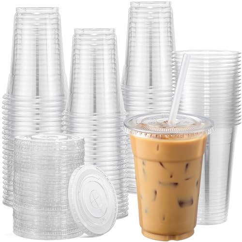 AOZITA 120 Sets - 16 oz Clear Plastic Cups with Lids, Disposable Cups With Straw Slot Lids for Cold Drinks, Milkshake, Smoothie