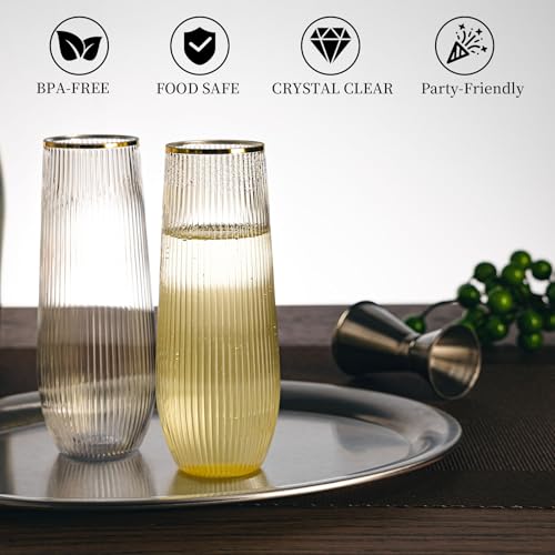 HOMIP 36pcs Plastic Champagne Flutes with Gold Rim - 9oz BPA-free Disposable Champagne Glasses, Ribbed Ripple Design for Weddings, Parties, Bars & Events (Stemless, Durable)