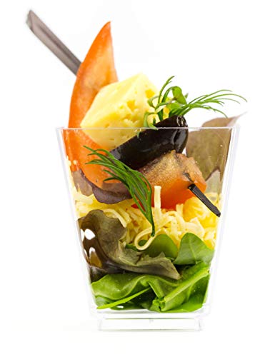Oasis Creations Square Dessert Cup - 5.5 ounce - 50 Count - Spoons Included - Clear Plastic - Large Appetizer Cup -Tall Dessert Cup-Tasting Cup- Parfait Cup-Disposable or Reusable