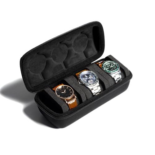 3 Slot Hard Watch Travel Case, Watch Roll Case Storage and Organizer for Men and Women, with anti-move watch pillow (Black fabric 3Slots)