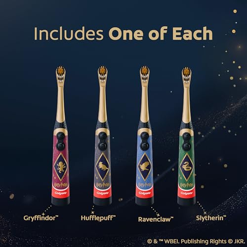 Colgate Harry Potter Kids Battery Toothbrush Multipack, Extra Soft Kids Vibrating Toothbrush, AA Batteries Included, 4 Pack, for Witches and Wizards Ages 3 and Older, Lay Flat Design