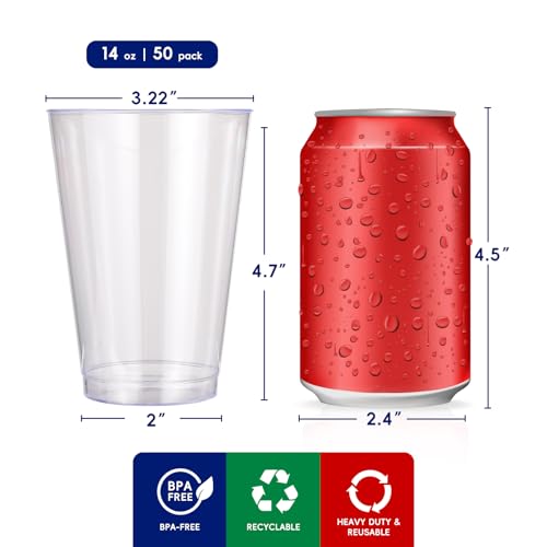 JOLLY CHEF 14 oz Clear Plastic Cups, 50 Pack Heavy-duty Party Glasses, Disposable plastic cups for wedding Cocktails Tumblers, Ideal for Halloween, Christmas, and Thanksgiving Parties