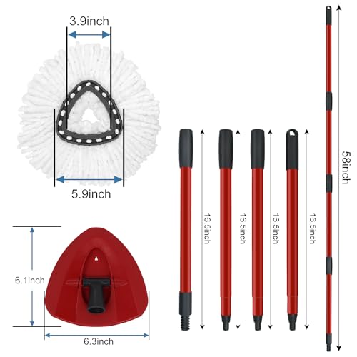 Mop Replace Heads Mop Handle and Base Replacement for O Cedar EasyWring 1-Tank Spin Mop System, 2 Microfiber Mops Refills, 4-Section Iron Mop Handle 30-58Inch and 1 Mopping Heads Cover Set (No Bucket)