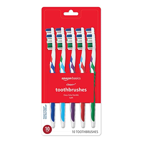 Basics Clean Plus Soft Bristle Toothbrushes with Angled End-Tuft, Cheek and Tongue Cleaner, Full Size, 10 Count, 1 Pack (Previously Solimo)