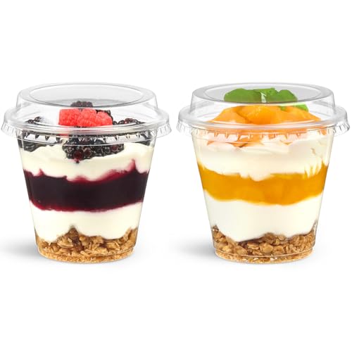 50 Pack 9 oz Plastic Dessert Cups with Lids, Small Plastic Yogurt Parfait Cups, Mini Round Party Serving Cup for Pudding, Fruit, Cake, Appetizer, Dessert Shot Glasses