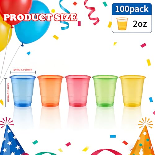 100 Pack 2 oz Clear Disposable Plastic Shot glasses, Mini Disposable Shot Cups for Winter Parties, Birthdays, Weddings, BBQs, Picnics & Daily Use(Neon)