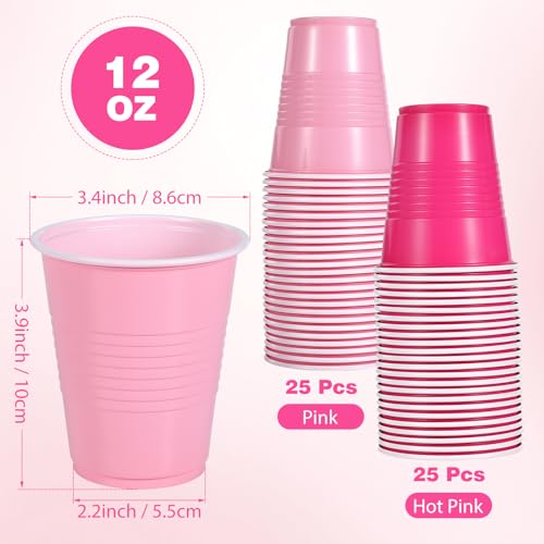 [50 Pcs] Pink Disposable Plastic Drinking Cups - 12 OZ Party Cups Bulk for Bachelorette, Two Pink Birthday Party Decorations