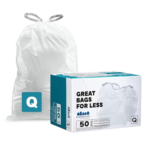 Plasticplace Custom Fit Trash Bags, Compatible with Simplehuman Code Q (50 Count), 13-17 Gallon Drawstring Garbage Liners, Heavy Duty Tear-Resistant