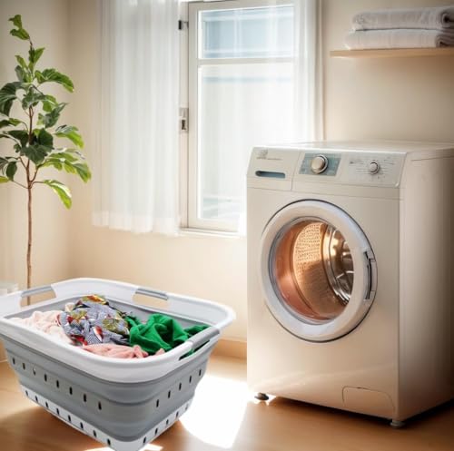 SAMMART 42L (11 gallon) Collapsible Plastic Laundry Basket - Foldable Pop Up Storage Container/Organizer - Space Saving Hamper/Basket (1, White/Grey)