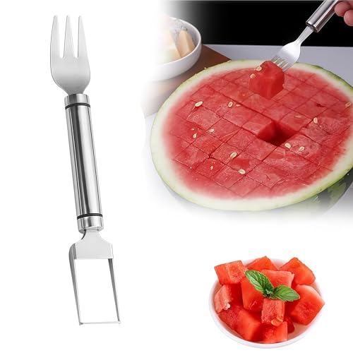 2-In-1 Stainless Steel Fruit Cutter Watermelon Fork Slicer Cutting Tool, Watermelon Fork Cutter for Home Party Camping Kitchen Gadget (1 Pcs)