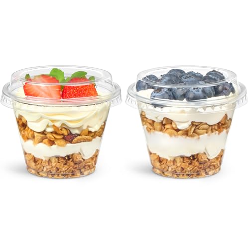 50 Pack 6 oz Plastic Dessert Cups with Lids, Small Plastic Yogurt Parfait Cups, Mini Round Party Serving Cup for Pudding, Fruit, Cake, Appetizer, Dessert Shot Glasses