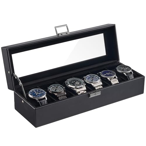 ProCase 6 Slot Watch Case Box for Men, PU leather Man Watch Organizer with Soft Pillow, Lockable Watch Collection Storage Holder with Glass Display Lid, Fathers Day Gift for Dad -AllBlack