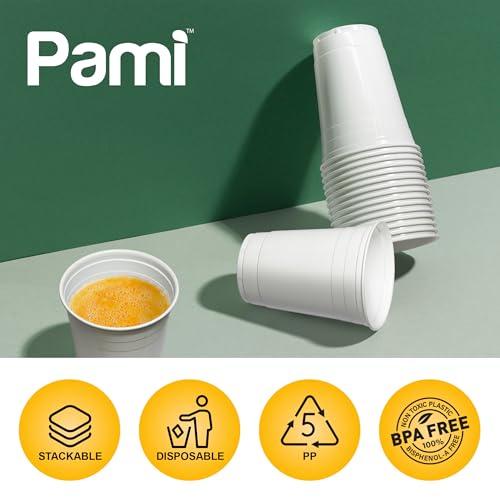 PAMI White Plastic Party Cups [Pack of 30] - 16oz Disposable Drinking Glasses- For Iced Tea, Smoothies, Punch, Beer, Cocktails - Beerpong Cups