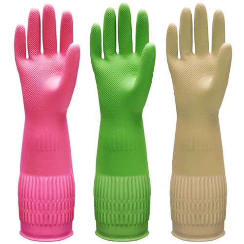 Bamllum 3 Pairs of Rubber Dishwashing Gloves for Kitchen and Household Cleaning – Long Cuff 15", Reusable, Flexible Long-lasting and Non-Slip (Red+Yellow+Green, Large)