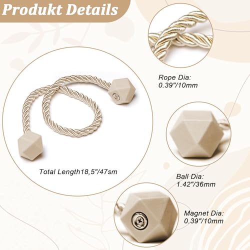 4Pack-Magnetic Curtain Tie Backs - Reinforced Thick Twist Rope with Strong Neodymium Magnets - Decorative Handmade Drapery Holders for Windows