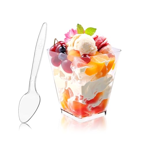 Hiasobre 50Pack 5oz Square Plastic Dessert Cups with Spoons, Reusable Clear Parfait Appetizer Cups, Mini Party Trifle Shooter Serving Cups, Dessert Shot Glasses for Tasting