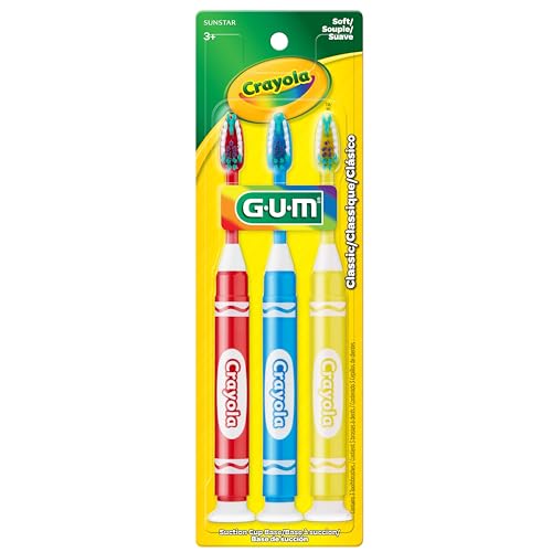 GUM Crayola Marker Kids Toothbrush, Soft-Bristle Toothbrush with Suction Cup Base for Ages 3+, 3 Count
