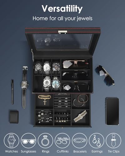 Kukikan Watch Jewelry Box Organizer, 6-Slot 2-Layer Watch Case and Sunglasses Storage with Large Glass Lid, Men's Jewelry Box with Lock, Watch Holder Display Case, Fathers Day Gift for Dad