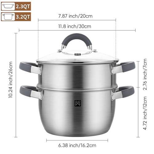 GOLDEN KEY 3.2 QT Steamer Pot With Lid - 2-Tier 18/8 Stainless Steel，Multipurpose Steaming Cookware with Vegetable Steam Basket, Oven & Dishwasher Safe, Triple Bottom for Even Heating, Perfect for Dumplings, Seafood and Vegetables