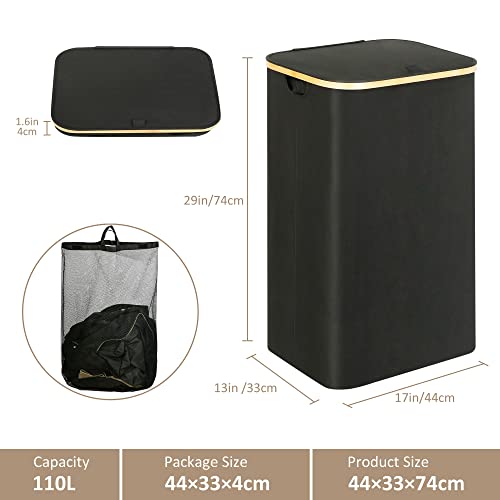 Laundry Hamper with Lid, 110L Large Laundry Hamper with Handle and Lid, Collapsible Clothes Basket Organizer with Removable Inner Bag for Clothes Toys Towels - Black