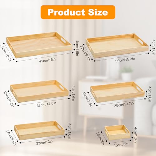 PONGJA Wooden Serving Trays with Handle - 7 Pieces Unfinished Wood Nested Breakfast Food Serving Trays for Craft Kids Montessori Snacks Home Decor Kitchen Party Dinner