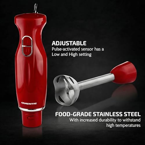 OVENTE Immersion Hand Blender, 300W Corded Electric Handheld Stick Mixer with 2 Mixing Speeds and Stainless Steel Blades for Smoothies, Purees & Baby Food, Red HS560R