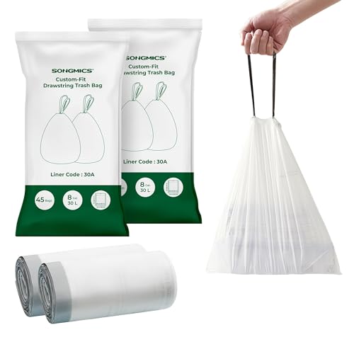 SONGMICS Trash Bags, Drawstring Kitchen Garbage Bags, Pre-Separated, Box-Free Pack, for 8-Gallon (30 L) Trash Cans, Liner Code 30A, 2 Rolls, 90 Count, White UKRB30A02