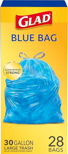 Glad 30 Gallon Garbage Bags, Large Drawstring Trash Bags, Blue, 28 Count (Pack of 1)