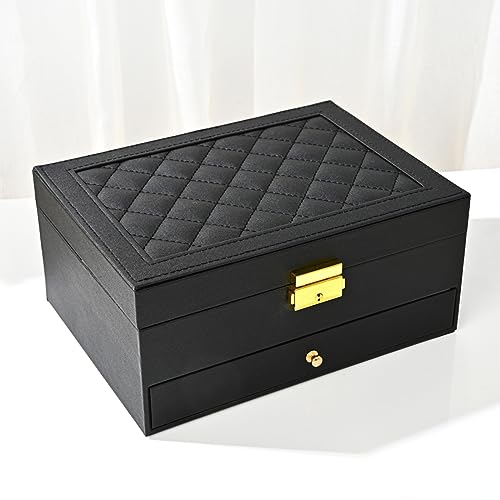 GUOER Jewelry Box for Women Girl Wife - Large PU Leather Jewelry Organizer Storage Case with Two Layers Display for Earrings Bracelets Rings Watches Mothers Day Gifts (Black)